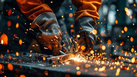 A person grinding metal with sparks flying everywhere, AIの素材