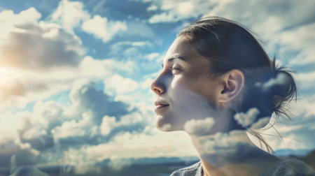 A woman with her eyes closed looking up at the sky, AIの素材