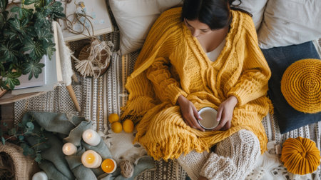 A woman in a yellow sweater sitting on the floor with candles and tea, AIの素材