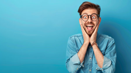 A man in glasses and a denim shirt making funny faces, AIの素材