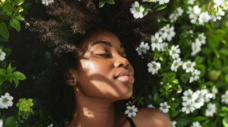 A woman is laying down in a field of flowers, AIの素材