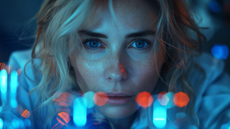 A woman with blonde hair and blue eyes in a blurry photo, AIの素材
