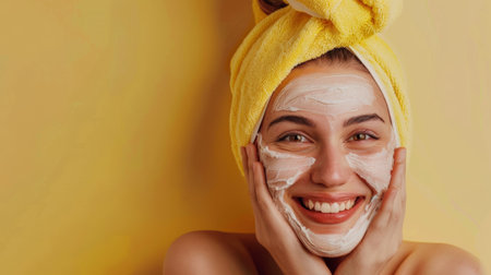 A woman with a towel on her head and face smiling, AIの素材