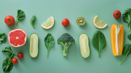 A variety of fruits and vegetables arranged in a circle on the table, AIの素材