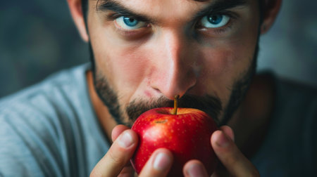A man with a beard holding an apple in his mouth, AIの素材