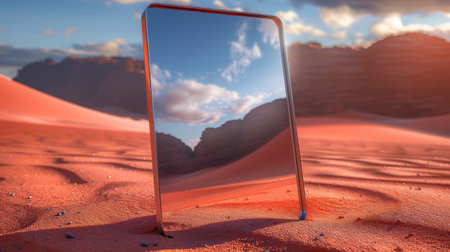 A mirror is reflecting the sky in a desert area, AIの素材