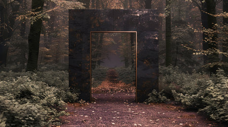 A large black door in the middle of a forest with leaves on it, AIの素材