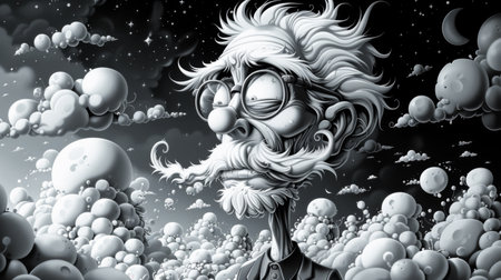 A black and white drawing of a man with glasses, AIの素材