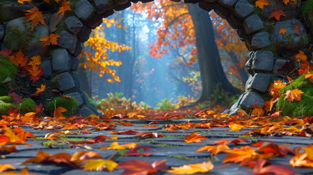 A stone archway with leaves on the ground and a tree in front of it, AIの素材