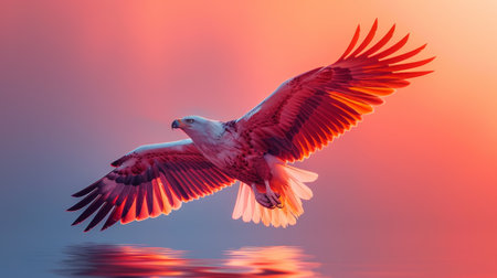 A large eagle flying over water with a colorful sunset in the background, AIの素材