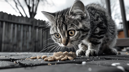 A cat eating food from a bowl on the ground, AIの素材