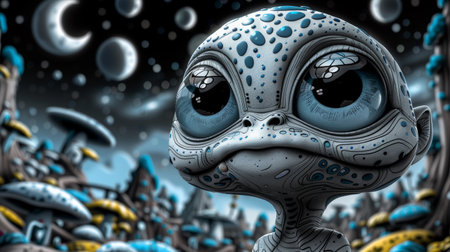 A close up of a cartoon alien with big eyes and black spots, AIの素材