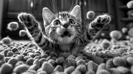 A cat is playing with a bunch of balls in the middle, AIの素材