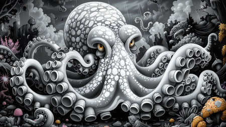An octopus is sitting in a dark room with many other creatures, AIの素材