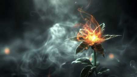 A flower with flames and smoke coming out of it, AIの素材