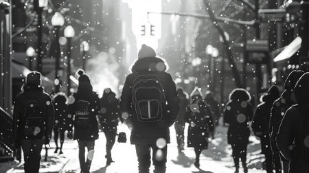 A group of people walking down a snowy street in the city, AIの素材