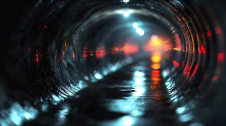 A close up of a tunnel with lights and water, AIの素材