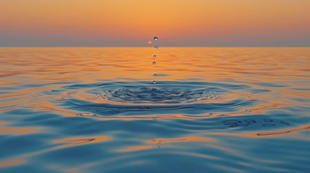 A drop of water is falling into the ocean at sunset, AIの素材