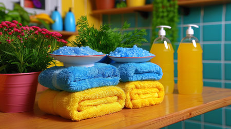 A table with towels, soap and flowers on it in a bathroom, AIの素材
