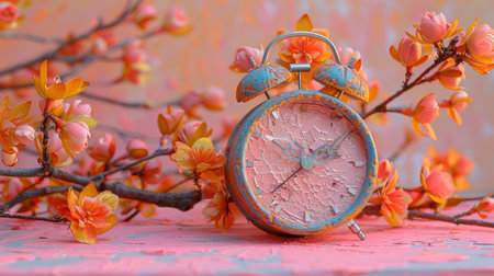 A clock sitting on a branch with flowers in the background, AIの素材