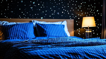 A bed with blue sheets and pillows in a bedroom, AIの素材