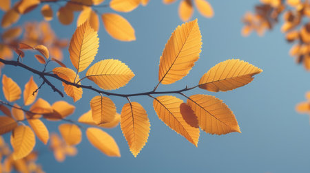 A close up of a branch with yellow leaves against blue sky, AIの素材