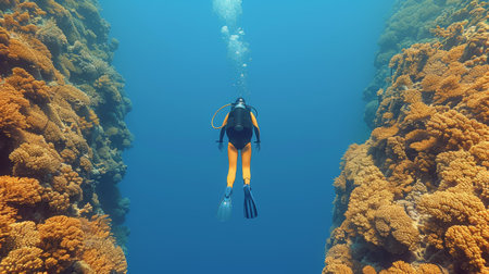 A scuba diver is swimming through a coral reef, AIの素材