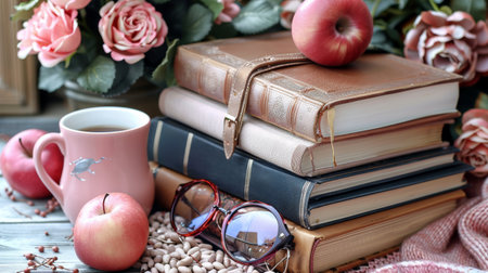 A stack of books with a cup and an apple on top, AIの素材