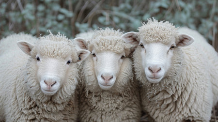 Three sheep standing together in a field with their heads turned, AIの素材