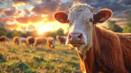 A close up of a cow standing in the middle of an open field, AIの素材