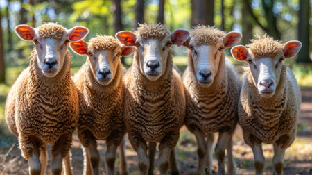 A group of four sheep standing in a row on the forest floor, AIの素材