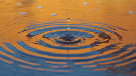 A close up of a drop in the water with an orange sky, AIの素材