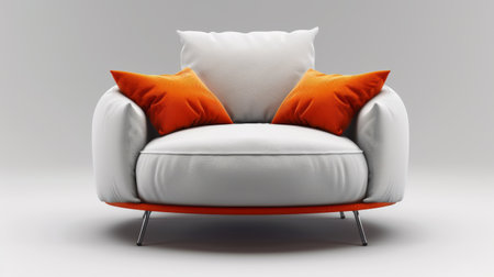 A white chair with orange pillows on a gray background, AIの素材