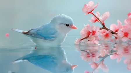 A small bird is standing in water with a flower, AIの素材