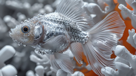 A close up of a fish swimming in the water with bubbles, AIの素材