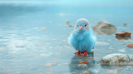 A small blue bird standing in shallow water on rocks, AIの素材