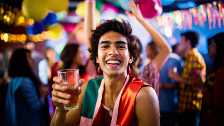 A man holding a glass of beer at an event with people, AIの素材