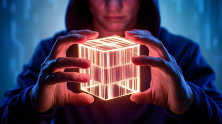 A man in a hoodie holding up an illuminated cube, AIの素材