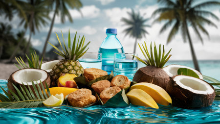 A tropical fruit and coconut water are on a table with some bread, AIの素材
