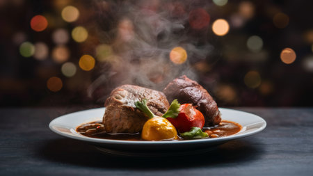 A plate of food with meat and vegetables on it, AIの素材