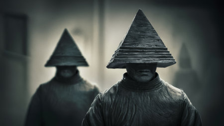 Two statues with triangular hats are shown in a dark room, AIの素材