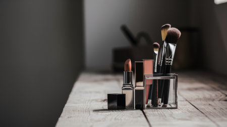 A close up of a makeup brush and lipstick in the vase, AIの素材