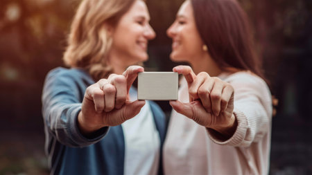 Two women holding a clean rectangle card, AIの素材