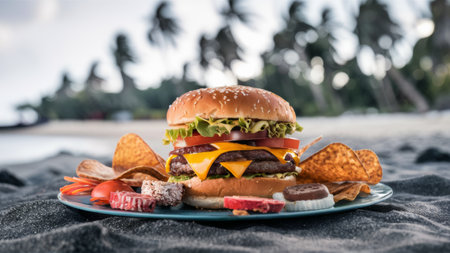A large cheeseburger with chips and a drink on the beach, AIの素材
