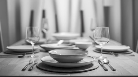 A table set for a meal with plates, bowls and silverware, AIの素材