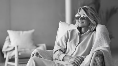 A woman in sunglasses sitting on a chair with pillows, AIの素材
