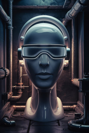 A mannequin head with goggles and a pipe in the background, AIの素材