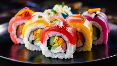 A plate of sushi with different colors and toppings on it, AIの素材