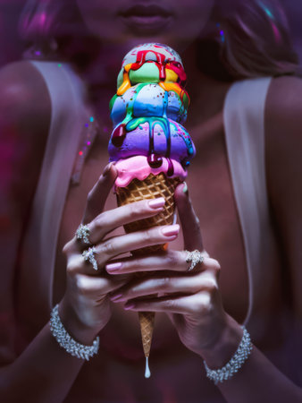 A woman holding an ice cream cone with colorful sprinkles, AIの素材