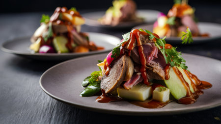 A plate of a dish with meat and vegetables on it, AIの素材